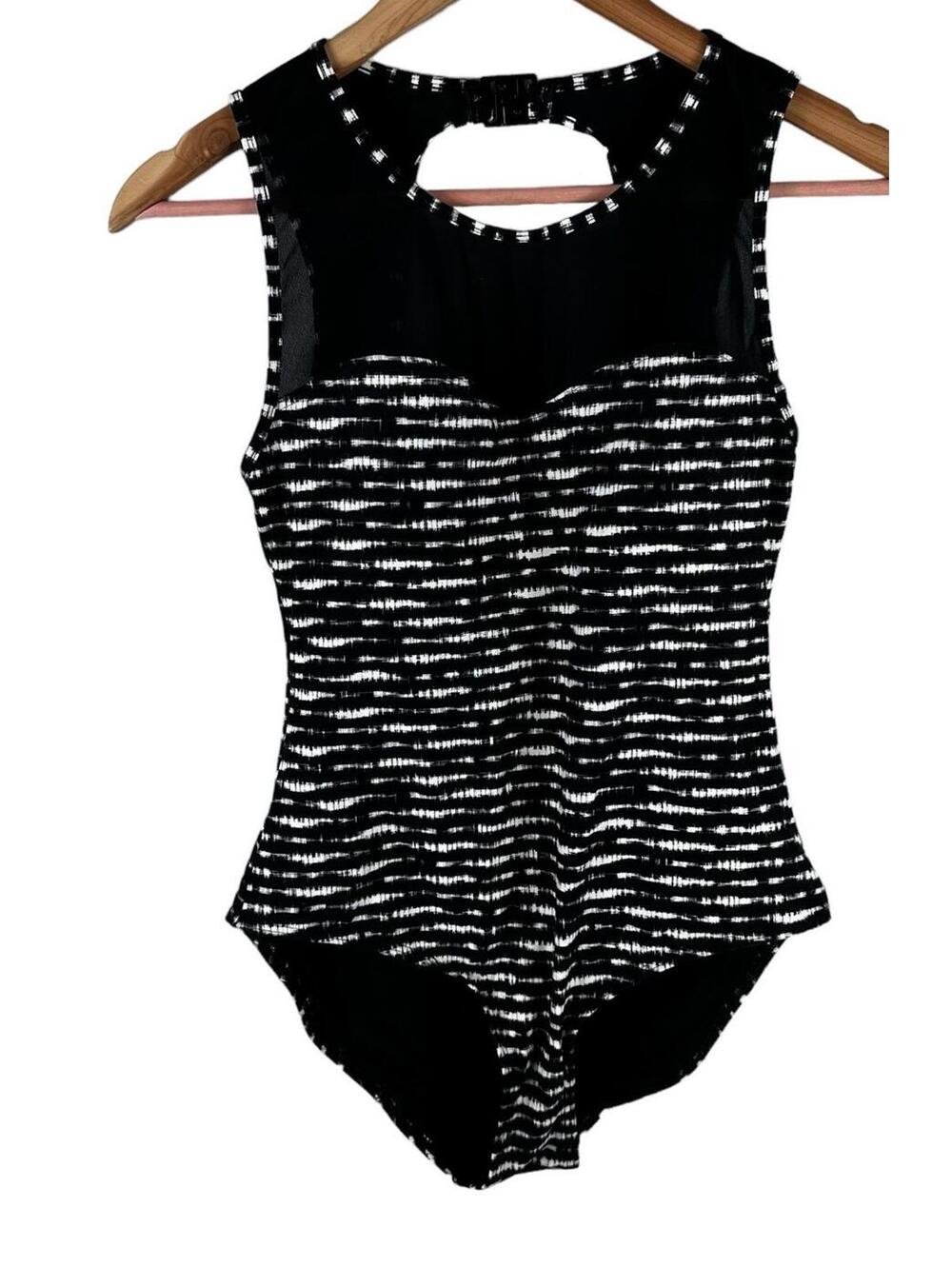 Nip Tuck Bond-eye Black White Mesh One-Piece Swimsuit Womens Size 8 Modest